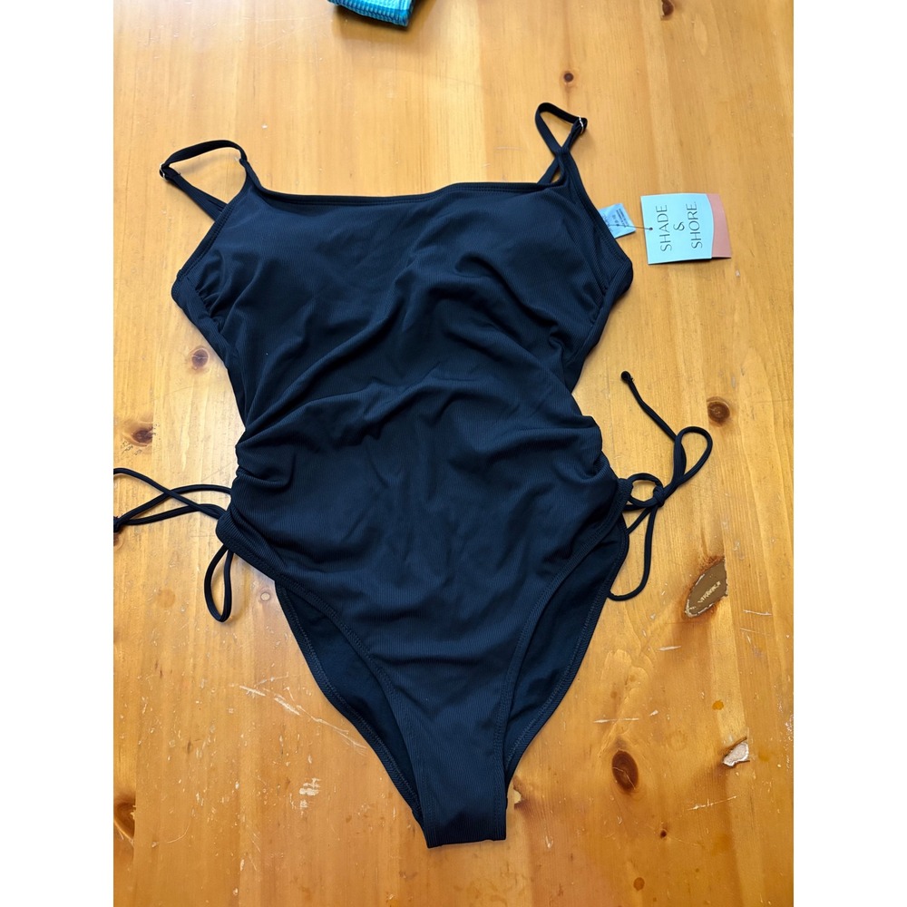 Shade & Shore Womens Black Ribbed Side Tie One Piece Swimsuit Size M NWT